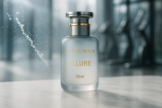 Perfume bottle labeled 'Oud-Ul-Wafa Allure' on a reflective surface with a blurred background