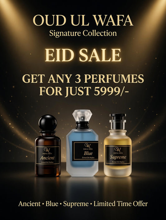 Advertisement for Oud Ul Wafa perfumes with three bottles displayed against a dark background.