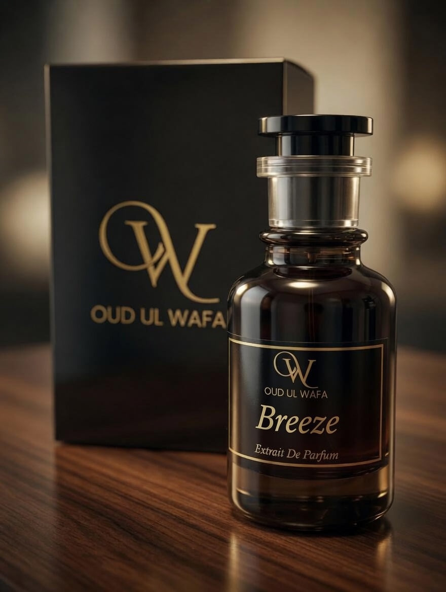 Oud Ul Wafa perfume bottle with packaging on a wooden surface.
Breeze is aquatic unisex fragrance which is very long lasting and we offer free shipping across pakistan