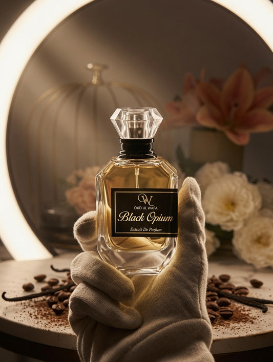Perfume bottle labeled 'Black Opium' held by a gloved hand with a blurred floral background