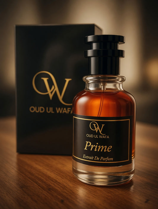 PRIME PERFUME BOTTLE AND BLACK OUD-UL-WAFA BOX IN BACKGROUND