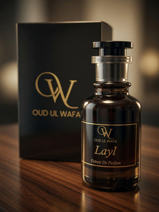Black perfume bottle with gold text on a BLACK BOX background