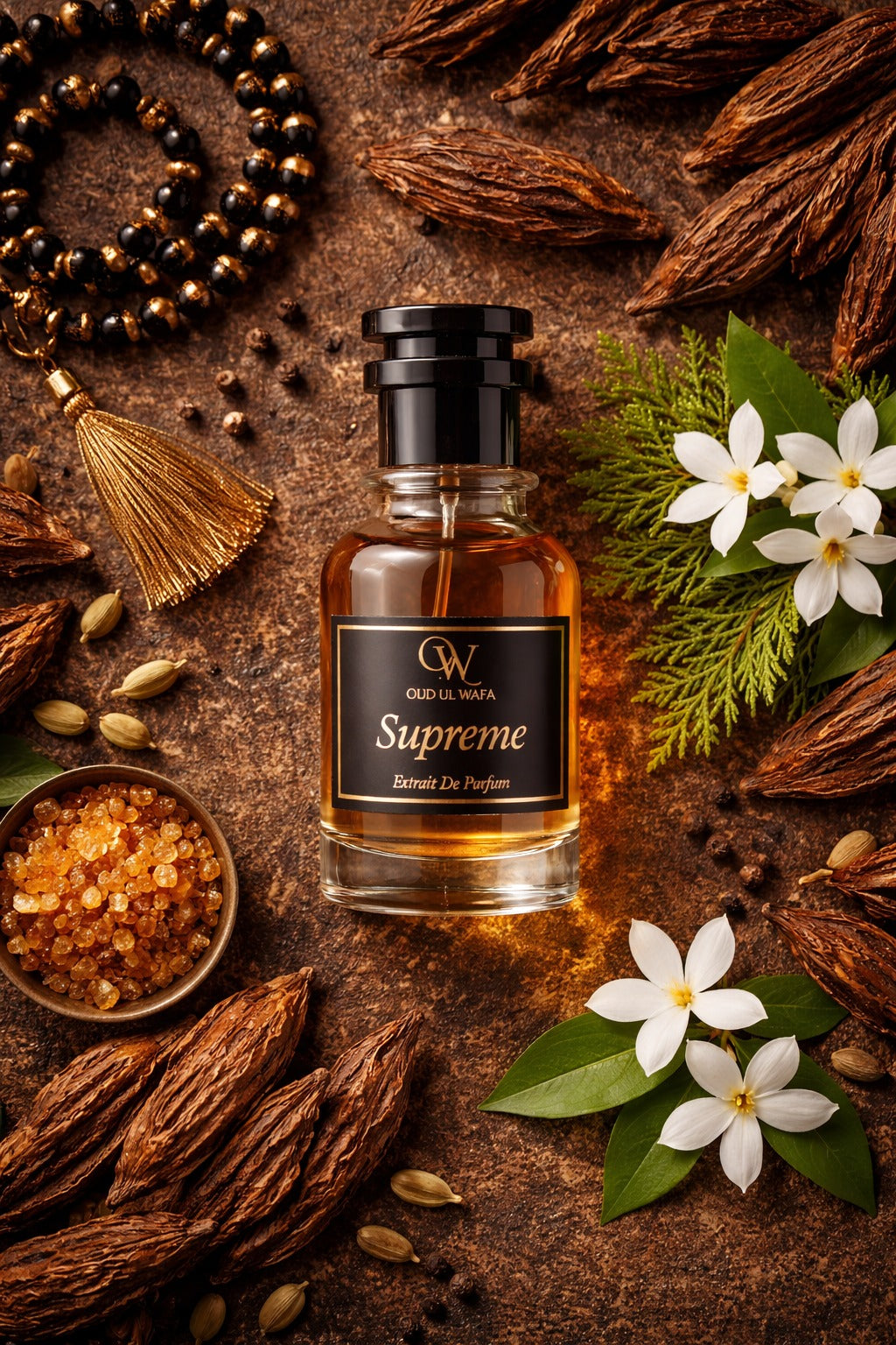 Perfume bottle labeled 'Supreme' surrounded by dried herbs, flowers, and a broom on a textured surface.