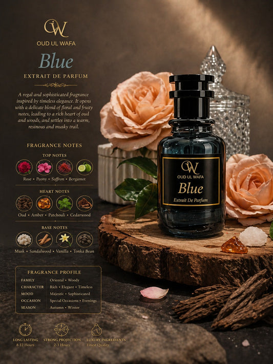 BLUE OUD BY OUD UL WAFA BOTTLE BEHIND RED ROSES AND WOOD