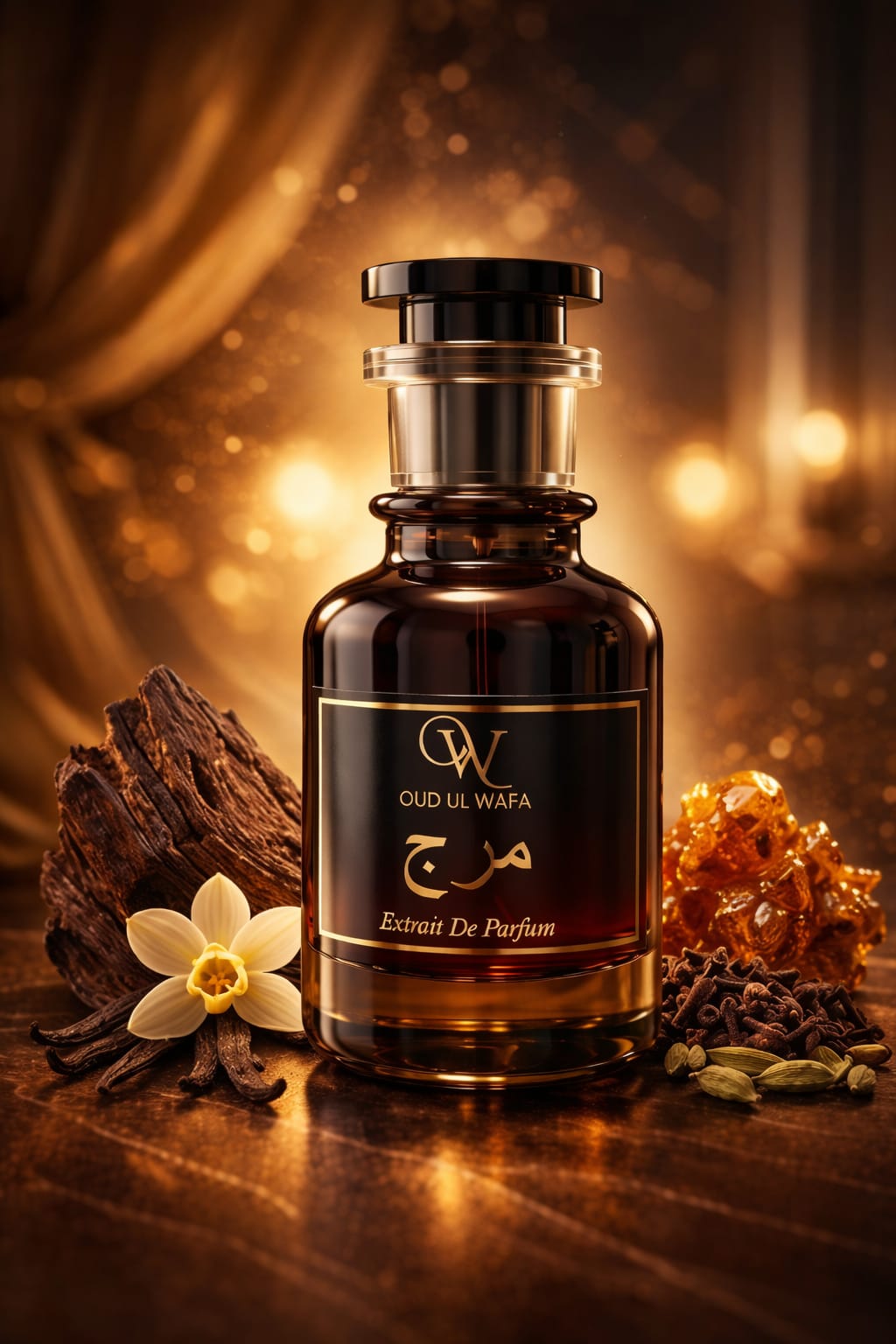 Oud ul Wafa perfume bottle with vanilla flower and spices on a wooden surface