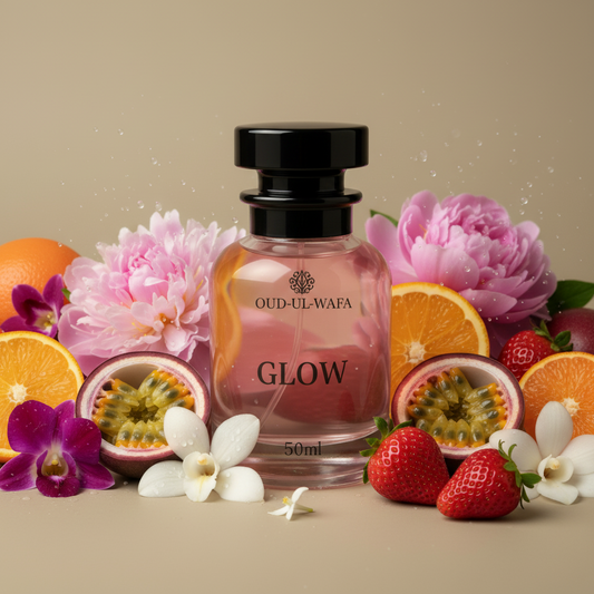 Perfume bottle labeled 'Oud-ul-Wafa Glow' surrounded by fruits and flowers on a beige background