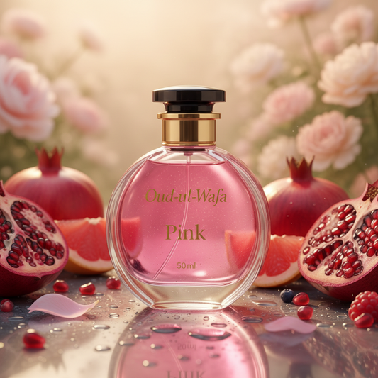 Pink perfume bottle with pomegranates and flowers in the background , its pink by oud ul wafa , the most long lasting perfume