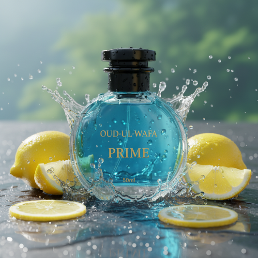 a blue bottle of perfume with fresh background having lemons and sea vibes , this is prime perfume by oud ul wafa