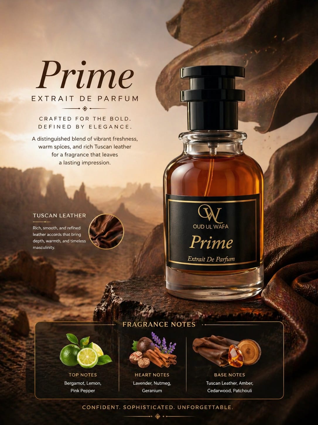 Oud El Wafa Prime perfume bottle with desert landscape background. ITS PRIME INSPIRED BY BLUE DE CHANNEL , IT IS TOP SELLING PERFUME OF PAKISTAN, LONG LASTING PERFUME AND WE OFFER FREE DELIVERY ALL OVER PAKISTAN
