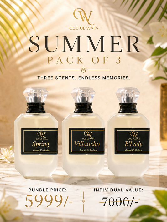 Three perfume bottles with labels on a decorative background, featuring the brand 'Oud Ul Wafa'.
THREE MOST LONG LASTING PERFUMES FOR FEMALES IN PAKISTAN , OFFERING FREE DELIVERY