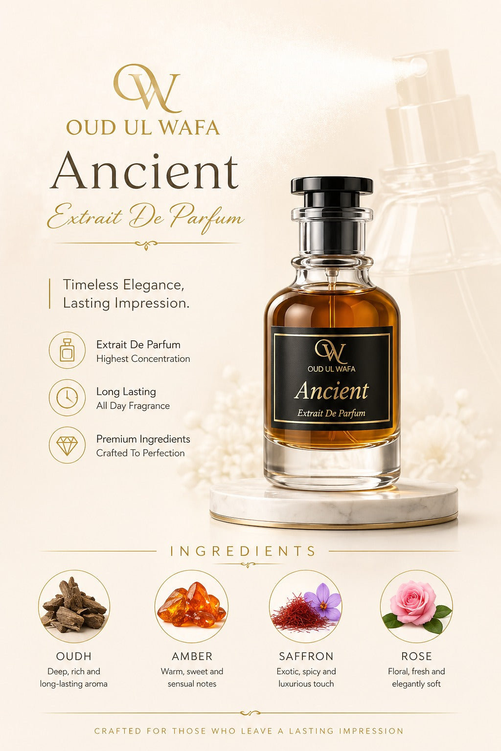 Oud Ul Wafa Ancient Extrait De Parfum bottle with product details on a light background
