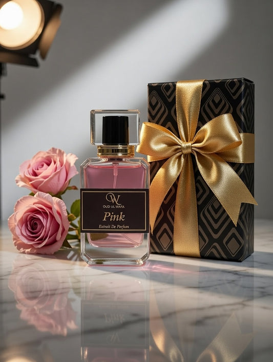 Perfume bottle labeled 'Pink' with a decorative box and pink roses on a reflective surface.