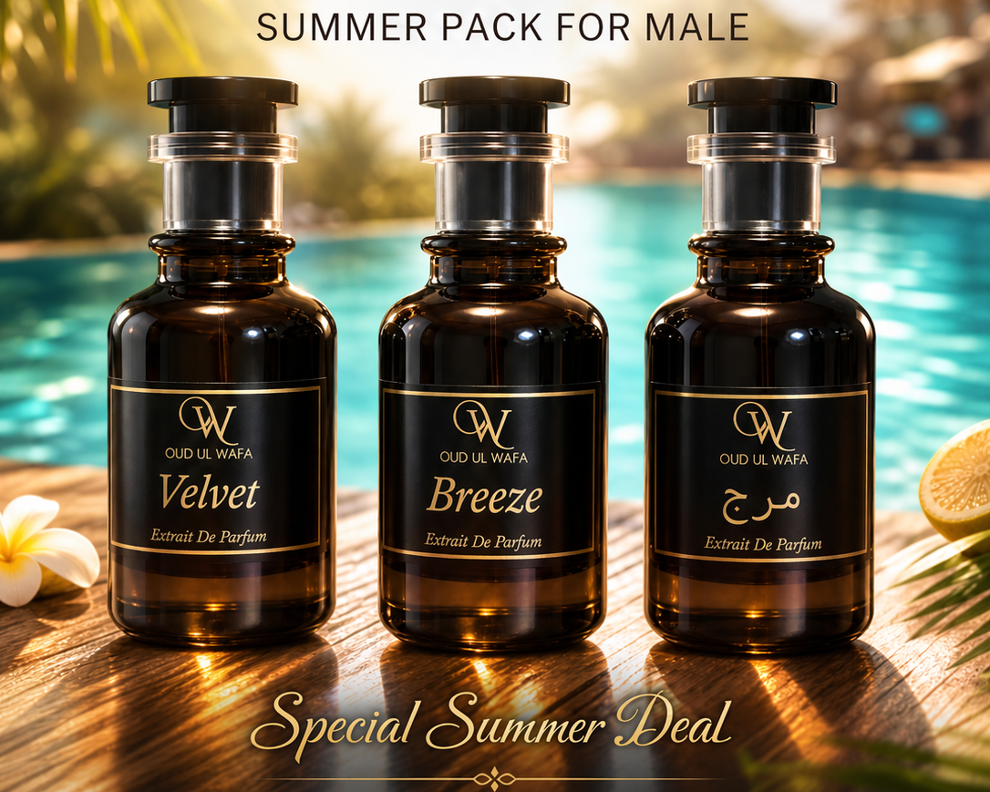 Three Oud Ul Waafa perfume bottles on a wooden surface with a pool and palm trees in the background.
The Best Perfume deal in pakistan , Best summer Perfume deal for men , Very long lasting , Free Shipping across pakistan
