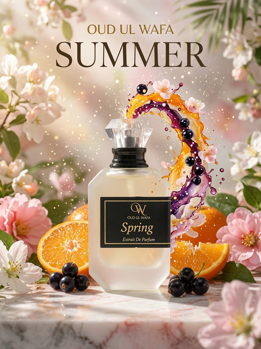 Oud Ul Wafa perfume bottle with summer theme featuring flowers and oranges.Free delivery in pakistan , perfect women fragrance