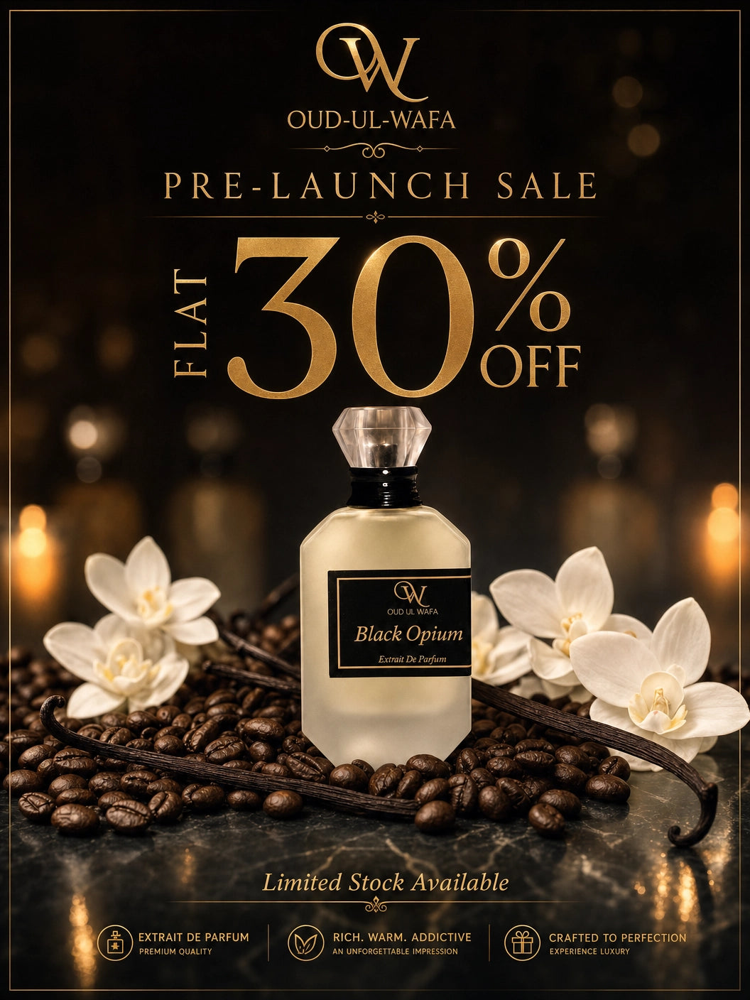 Oud-ul-Wafa Black Opium perfume bottle with flowers and coffee beans on a dark background, ITS A COFFE AND VANILLA MIXTURE AND VERY LONG LASTING FEMALE FRAGRANCE IN PAKISTAN