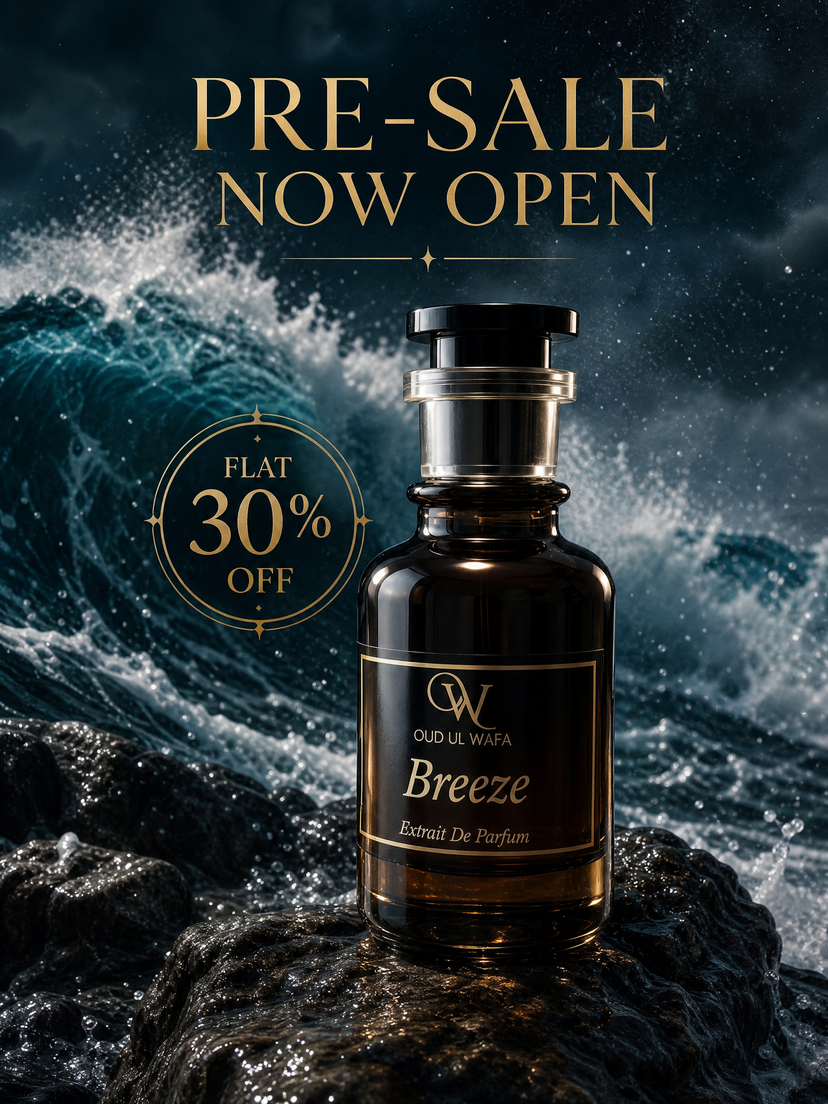 Perfume bottle with 'Breeze' on a dark, wave-patterned background with text for pre-sale and discount offer.
Breeze is aquatic unisex fragrance which is very long lasting and we offer free shipping across pakistan