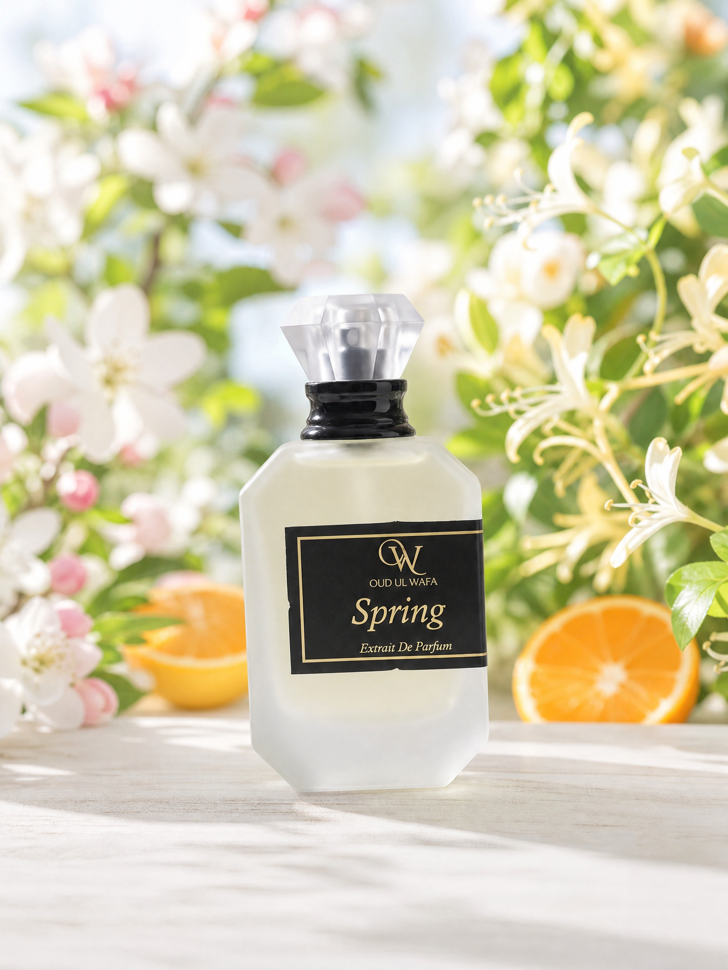Perfume bottle labeled 'Spring' with floral and fruit background, spring by oud ul wafa is long lasting fragrance for women and free shipping across pakistan