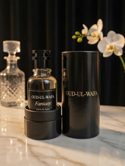 Oud-ul-Wafa perfume bottles on a marble surface with a black background