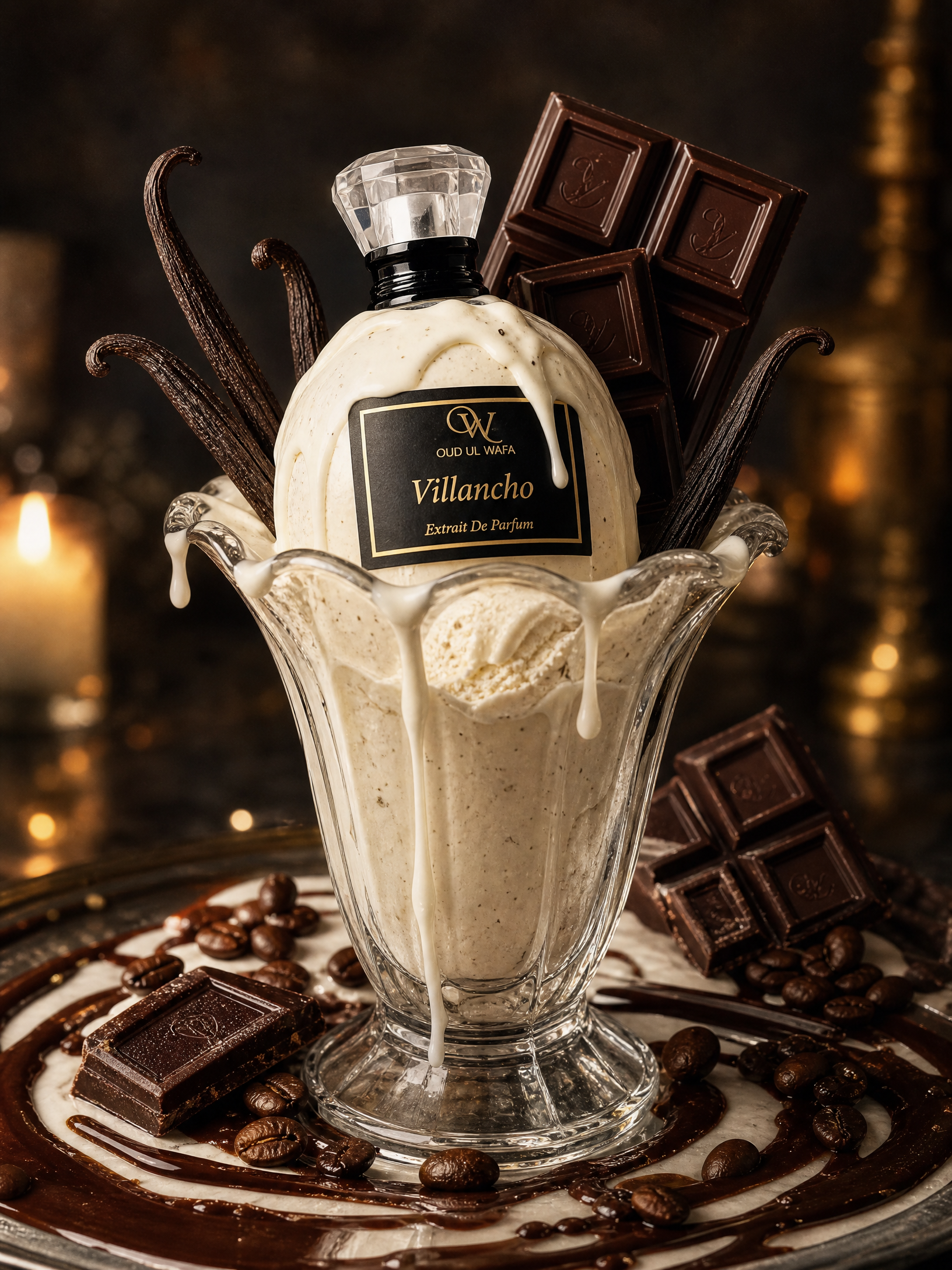 Bottle of Villancho perfume in a glass dish with vanilla ice cream, chocolate, and vanilla beans.Villancho is very long lasting female fragrance in pakistan, with free shipping across whole pakistan