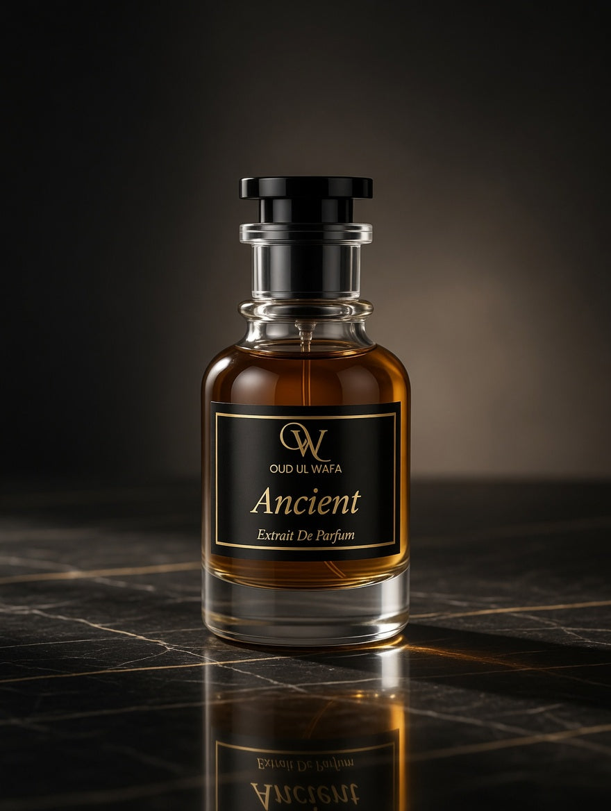 Perfume bottle labeled 'Ancient' on a reflective surface with a dark background