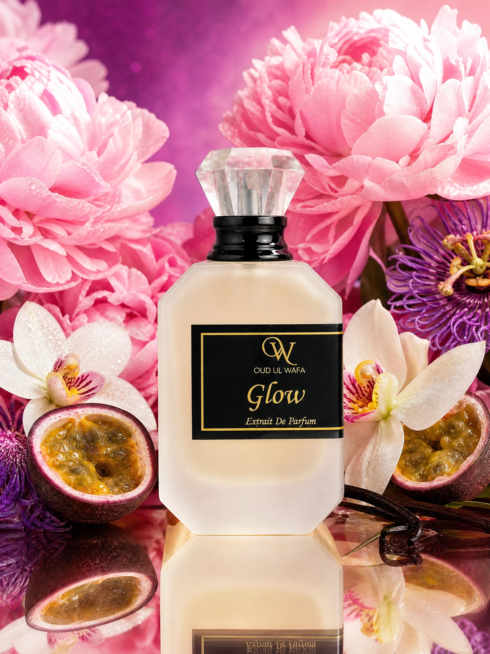 Perfume bottle labeled 'Glow' surrounded by pink flowers and passion fruits on a reflective surface. ITS VERY FRESH AND ELEGANT FRAGRANCE INSPIRED BY BOMBSHELL FOR FEMALES , ALSO SHIPPING IS FREE ACROSS PAKISTAN