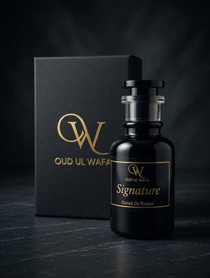Black perfume bottle with 'Oud Ul Wafa' branding on a dark background