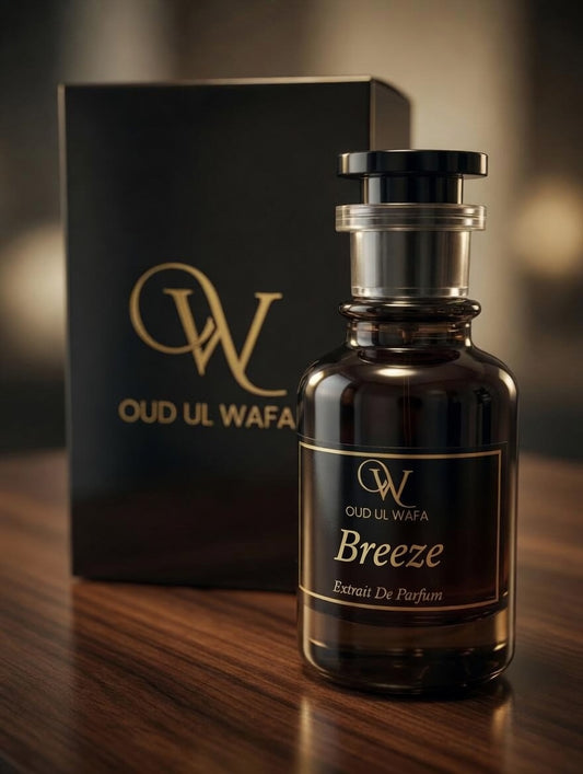 Oud Ul Wafa perfume bottle with packaging on a wooden surface.
Breeze is aquatic unisex fragrance which is very long lasting and we offer free shipping across pakistan