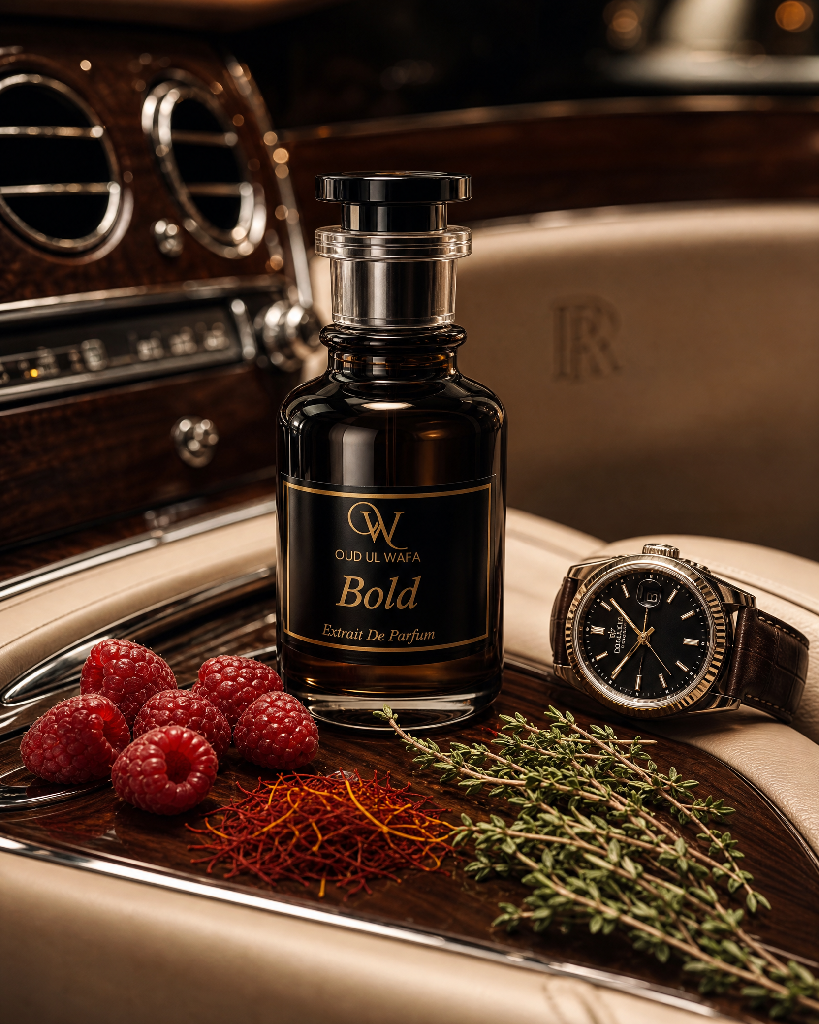 Perfume bottle labeled 'Bold' on a car dashboard with raspberries and a watch. ITS BOLD INSPIRED BU TUSCAN LEATHER , IT IS TOP SELLING PERFUME OF PAKISTAN, LONG LASTING PERFUME AND WE OFFER FREE DELIVERY ALL OVER PAKISTAN