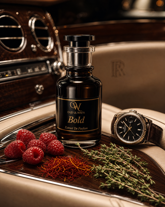 Perfume bottle labeled 'Bold' on a car dashboard with raspberries and a watch. ITS BOLD INSPIRED BU TUSCAN LEATHER , IT IS TOP SELLING PERFUME OF PAKISTAN, LONG LASTING PERFUME AND WE OFFER FREE DELIVERY ALL OVER PAKISTAN