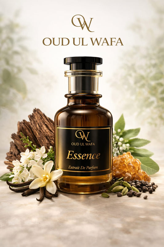 Oud Ul Wafa perfume bottle with floral and spice elements on a soft background