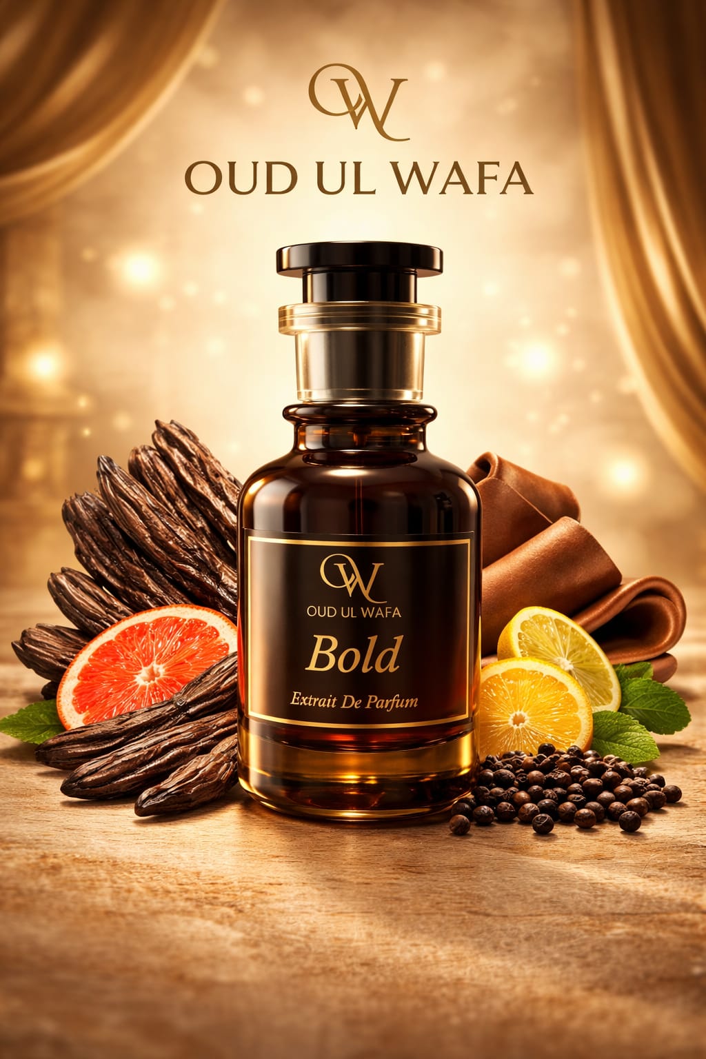 Oud Ul Wafa Bold perfume bottle with spices and fruits on a wooden surface