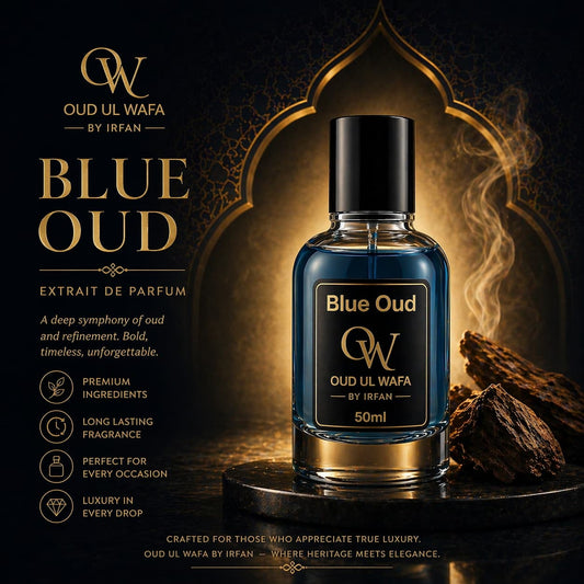 Blue Oud perfume bottle with branding and product details on a dark background