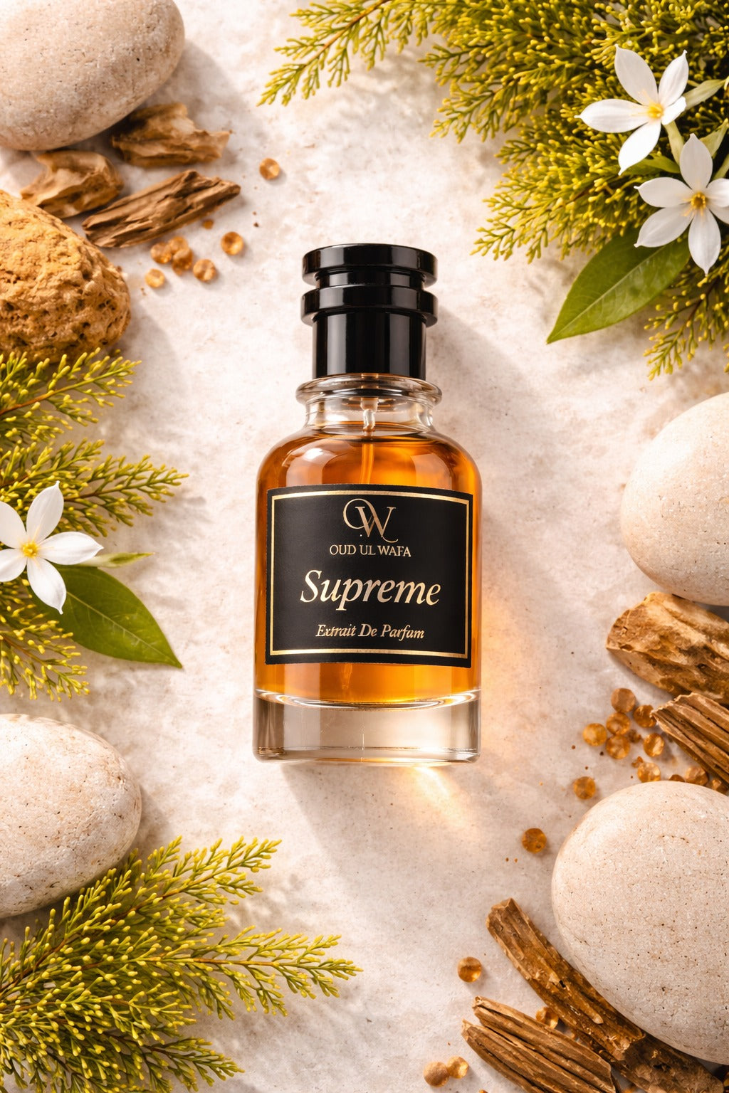Perfume bottle labeled 'Supreme' surrounded by natural elements on a light background