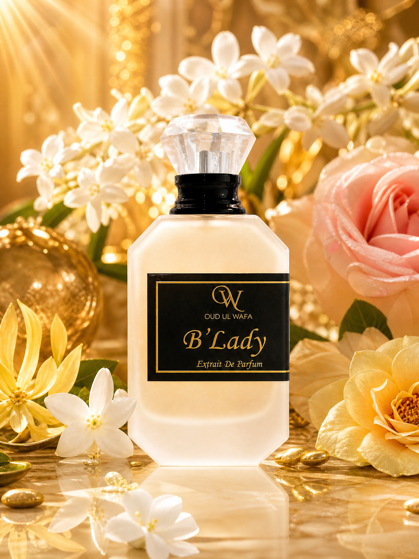 Perfume bottle labeled 'B'Lady' surrounded by flowers on a reflective surface with a gold background