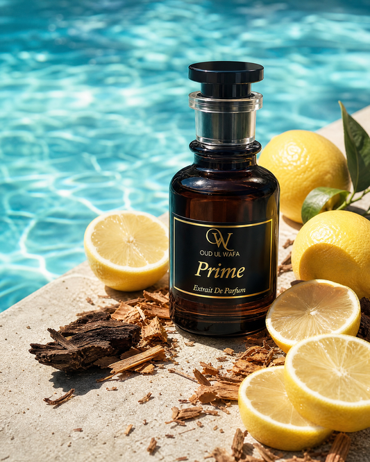 Perfume bottle labeled 'Prime' with lemons and tobacco leaves by a pool.ITS PRIME INSPIRED BY BLUE DE CHANNEL , IT IS TOP SELLING PERFUME OF PAKISTAN, LONG LASTING PERFUME AND WE OFFER FREE DELIVERY ALL OVER PAKISTAN
