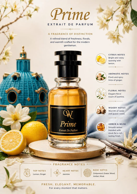 PRIME PERFUME BOTTLE ALONG WITH INGREDIENTS AND LEMON IN THE BACKGROUND