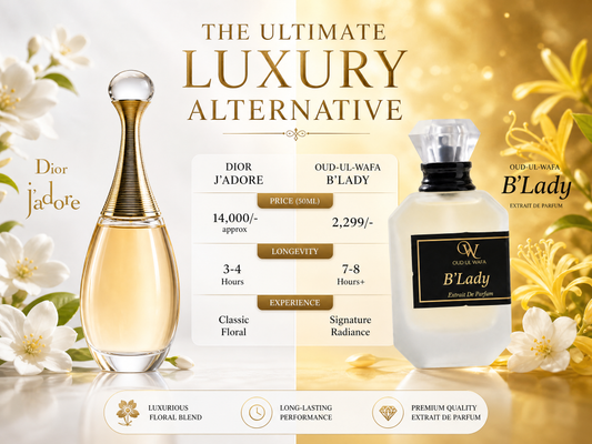 Comparison of Dior J'adore and B'Lady perfumes with floral elements and text on a light background.
THREE MOST LONG LASTING PERFUMES FOR FEMALES IN PAKISTAN , OFFERING FREE DELIVERY