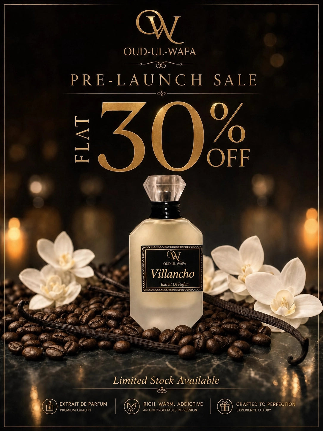 Oud-ul-Wafa Villancho perfume bottle with flowers and coffee beans on a dark background, promoting a pre-launch sale.
Villancho is very long lasting female fragrance in pakistan, with free shipping across whole pakistan