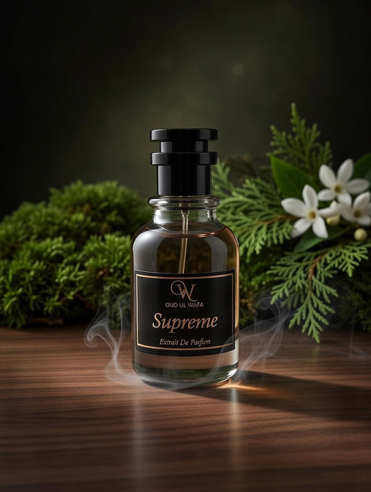 Perfume bottle labeled 'Supreme' with decorative greenery and flowers on a dark background