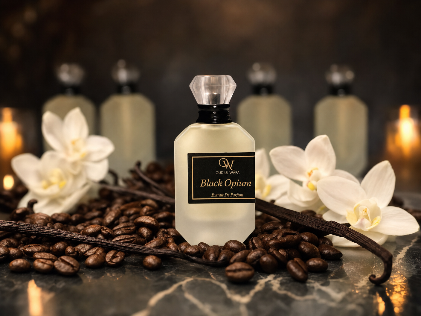 Perfume bottle labeled 'Black Opium' with vanilla beans, coffee beans, and orchids on a dark surface.