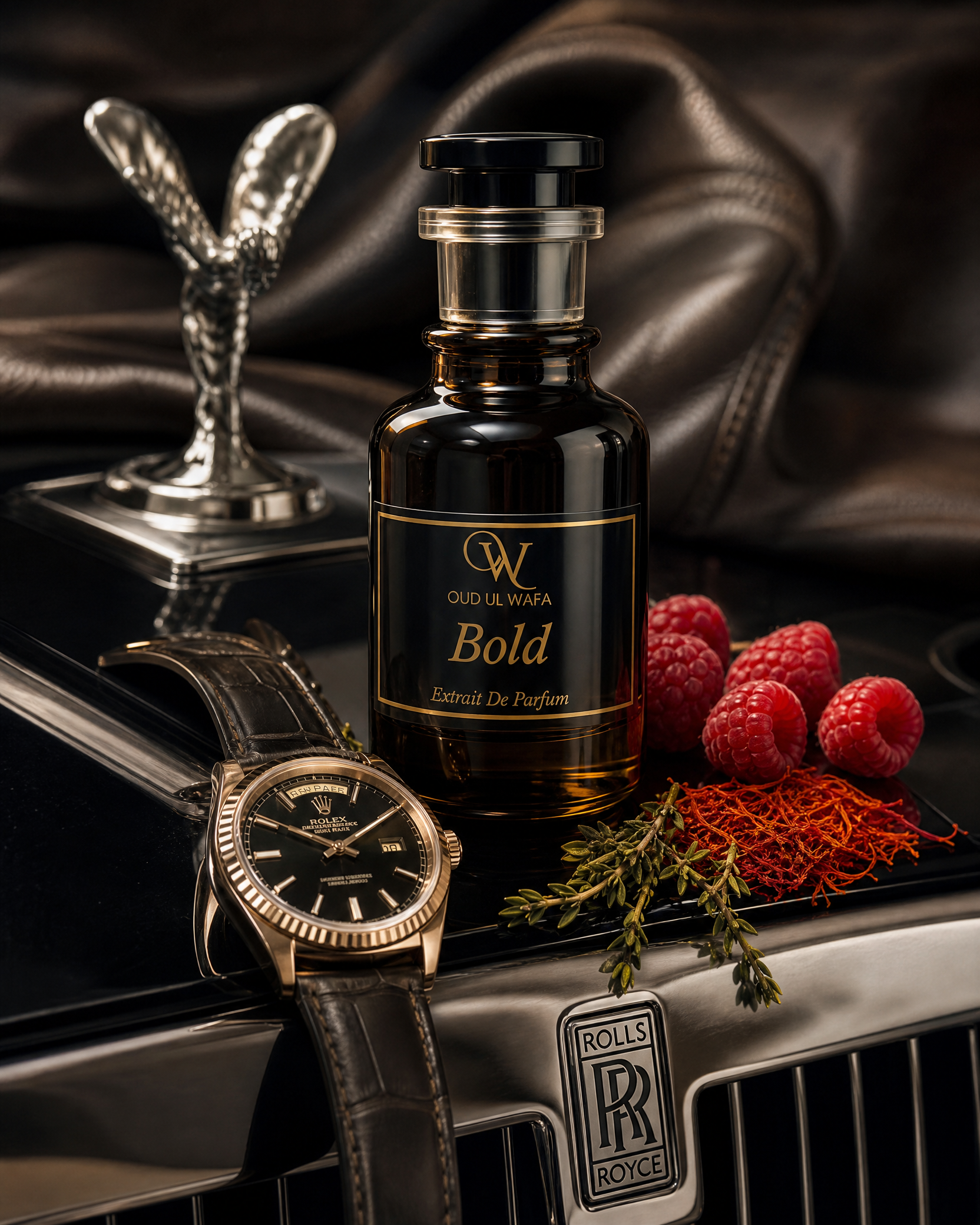 Bottle of Oud Ul Wese Bold perfume on a Rolls-Royce car hood with raspberries and a watch.ITS BOLD INSPIRED BU TUSCAN LEATHER , IT IS TOP SELLING PERFUME OF PAKISTAN, LONG LASTING PERFUME AND WE OFFER FREE DELIVERY ALL OVER PAKISTAN