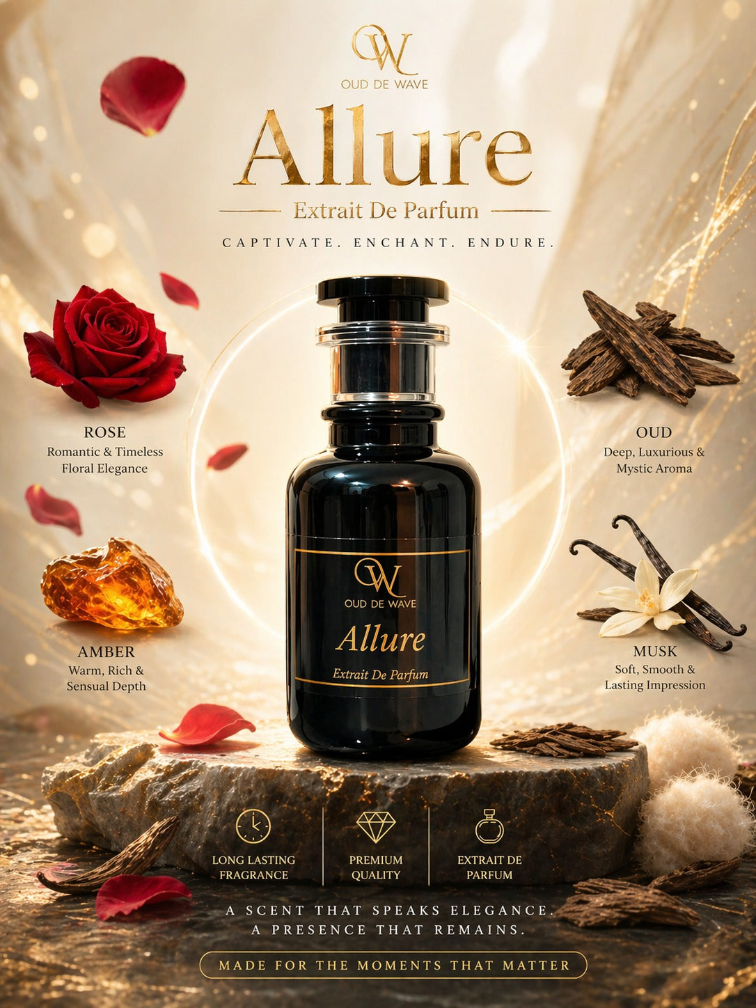 Oud de Wille Allure Extrait De Parfum bottle with floral and spice elements on a warm background