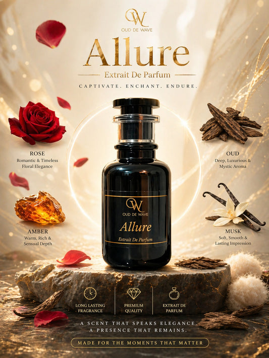 Oud de Wille Allure Extrait De Parfum bottle with floral and spice elements on a warm background