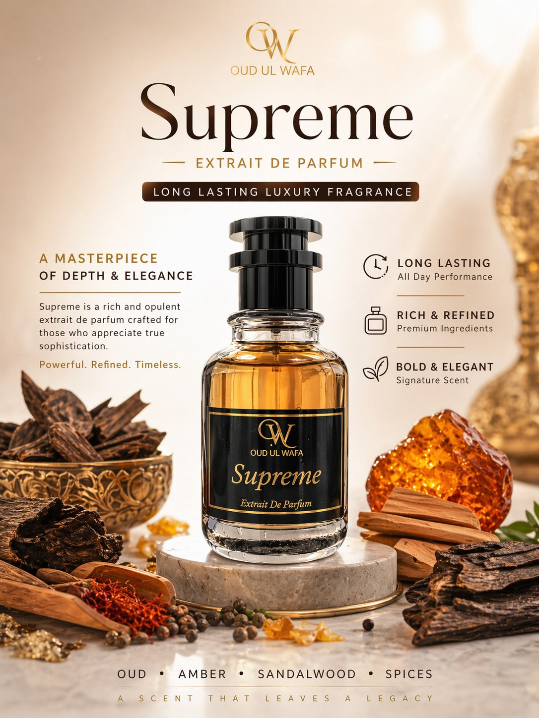 Oud Ul Wafa Supreme Extract de Parfum bottle with product details on a decorative background