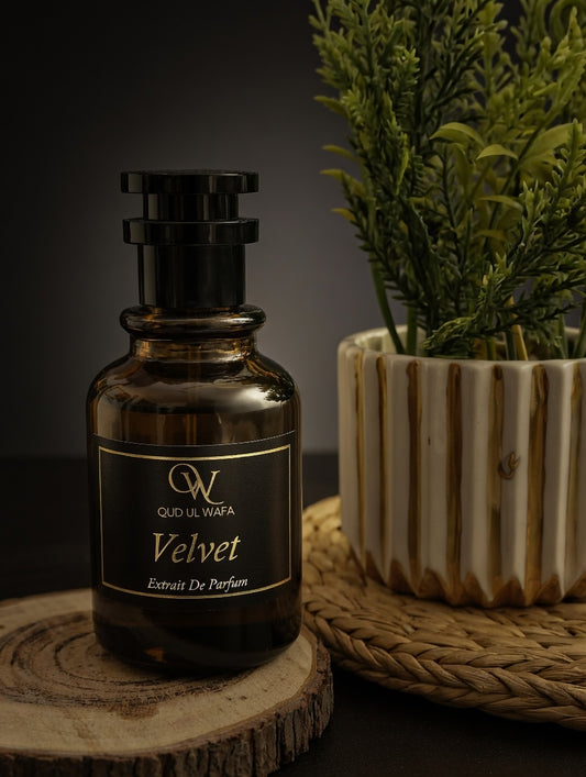 Brown bottle of Oud Ul Wafa Velvet perfume next to a potted plant on a dark background