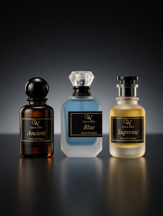Advertisement for Oud Ul Wafa perfumes with three bottles displayed against a dark background.