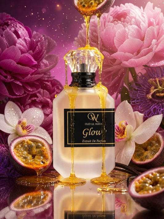 Perfume bottle labeled 'Glow' with flowers and passion fruits in the background. ITS VERY FRESH AND ELEGANT FRAGRANCE INSPIRED BY BOMBSHELL FOR FEMALES , ALSO SHIPPING IS FREE ACROSS PAKISTAN