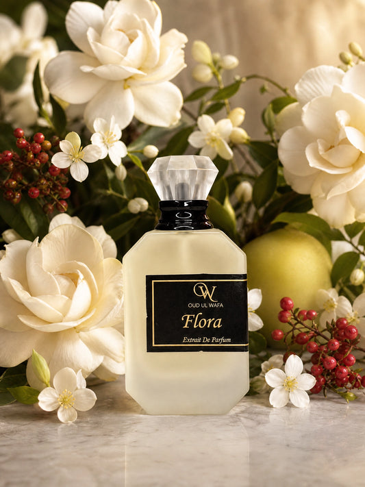 Perfume bottle labeled 'Flora' surrounded by white flowers and green apples on a wooden surface. ITS EXACTLY SAME AS GUCCI FLORA , ITS VERY LONG LASTING AND FRESH FRAGRANCE FOR WOMEN, FREE SHIPPING ACCROSS PAKISTAN