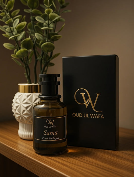 Oud Ul Wafa perfume bottle and packaging on a wooden surface with a plant in the background